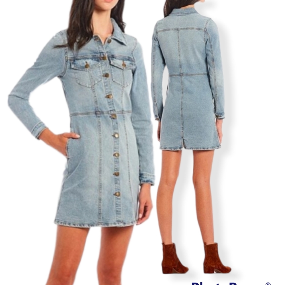 GB🦋Button-Front Medium Denim Long Sleeve Dress, Size M, NWT